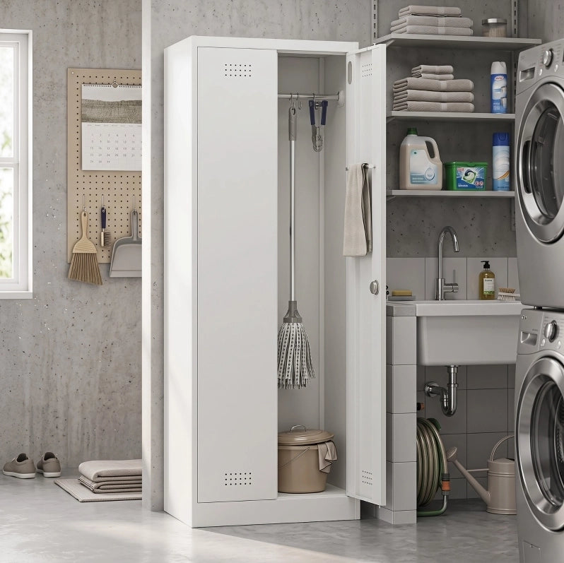Armadio contenitore in acciaio 60x40x165 cm crema con barra, per garage salvaspazio –