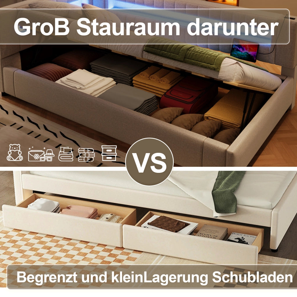 Letto divano 90x200 cm con contenitore con contenitore idraulico; LED; luce ai piedi; USB e Type-C; lino; beige