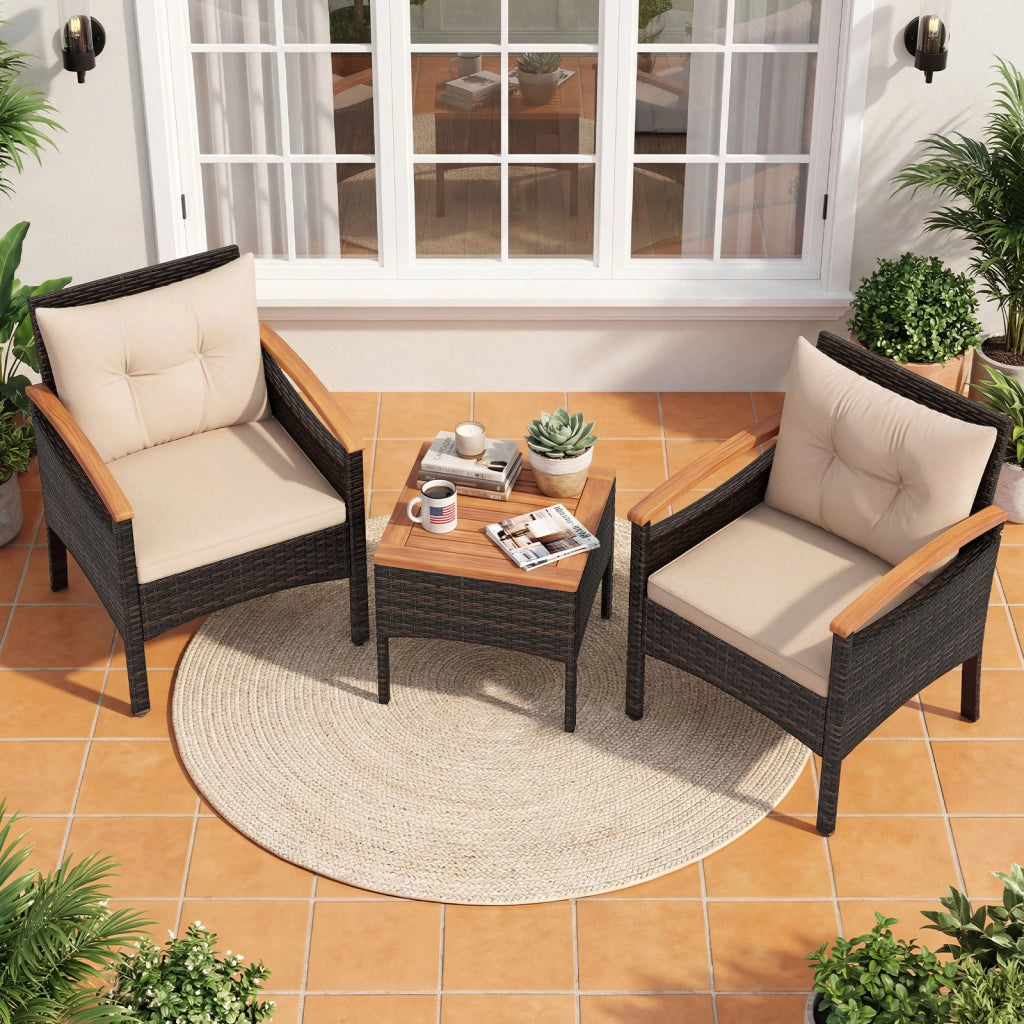Set di divani in rattan per esterni con tavolino, Set di mobili da patio 3 pezzi per cortile Beige