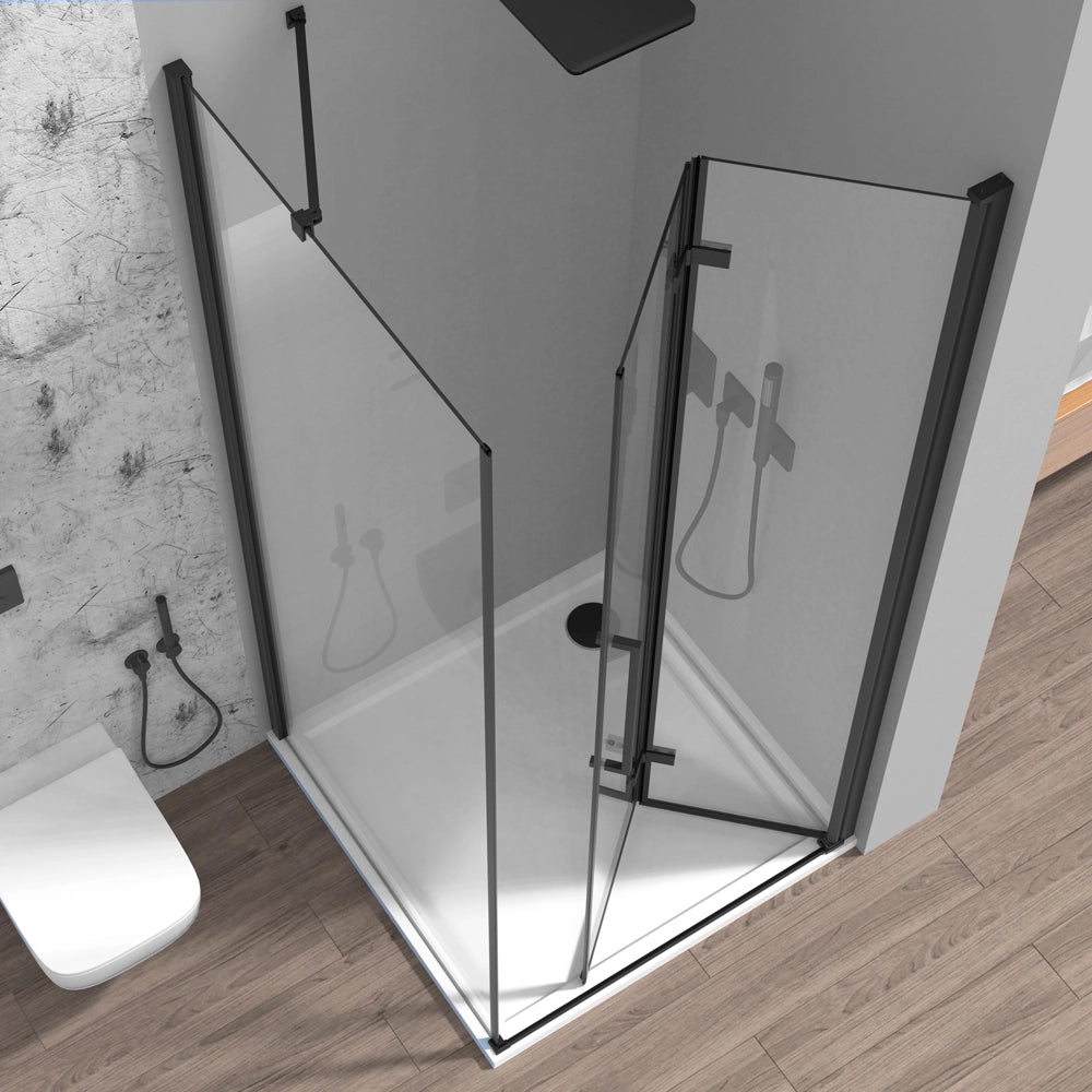 Box doccia angolare a soffietto 70x70 in vetro temperato trasparente con profili nero opaco Neos