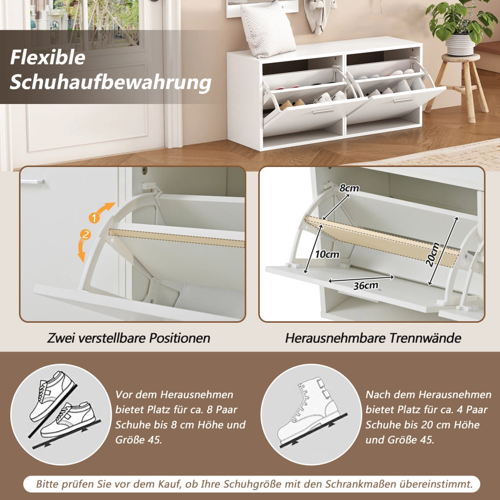 Mobile da ingresso 4 pezzi con specchio, scarpiera a 4 ripiani e 6 ganci, in truciolare, bianco, 90 × 30 × 41,5 cm