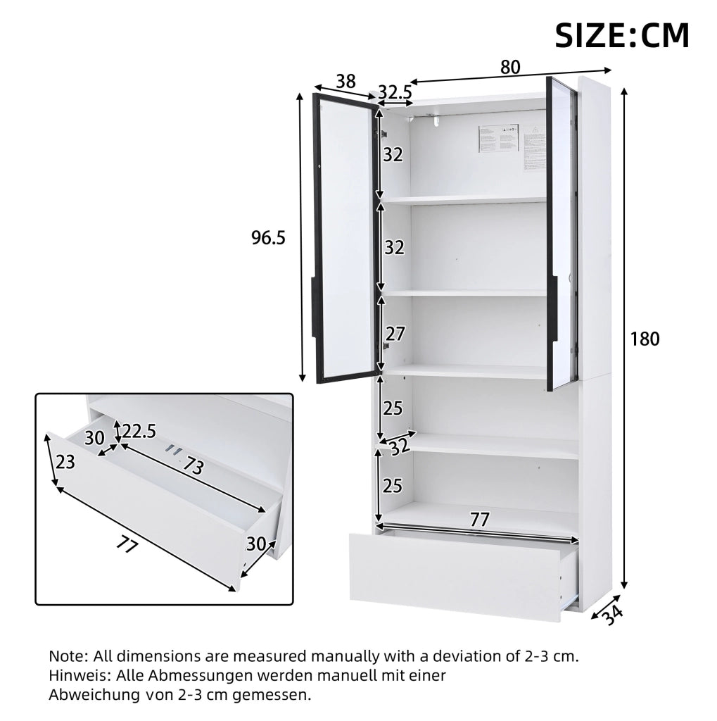 Vetrina alta bianca 80x34x180 cm con porta in vetro, 1 cassetto e illuminazione LED controllabile via app