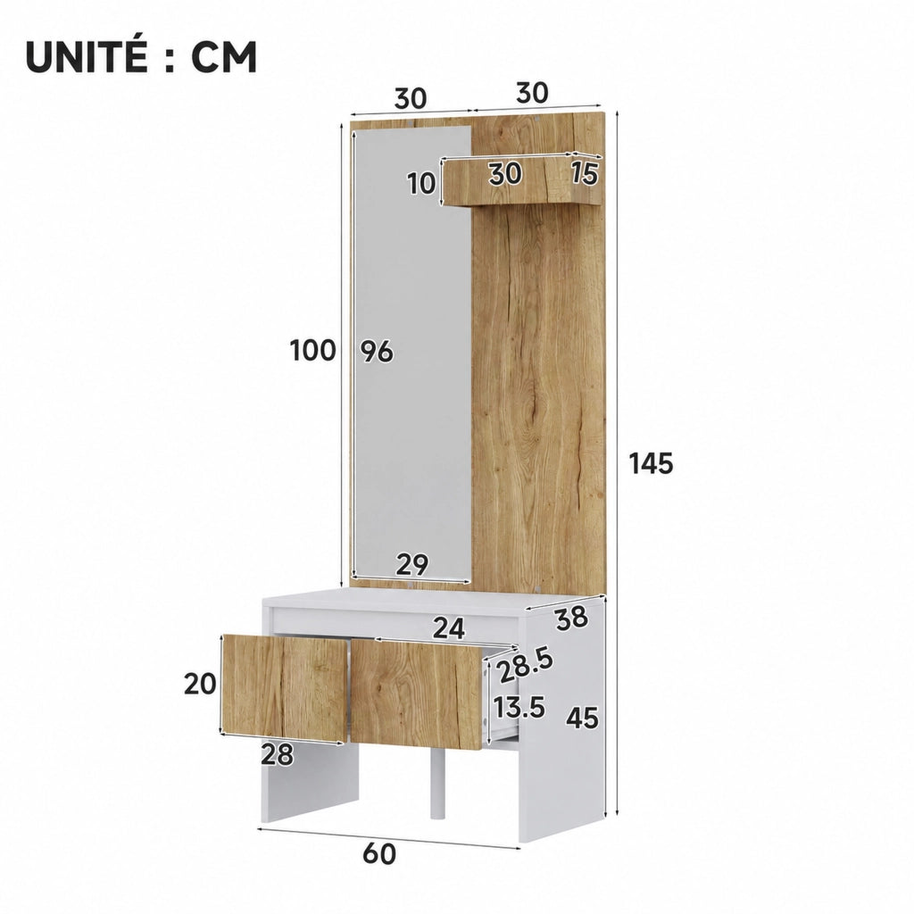 Set guardaroba con appendiabiti, specchio, panca porta scarpe e 2 cassetti, bianco e naturale, 60×38×145 cm