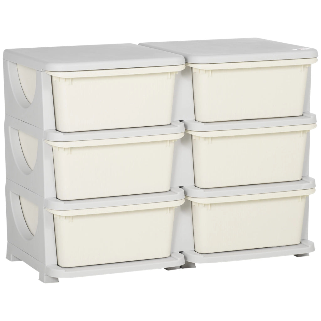 Cassettiera 6 Cassetti per Bambini 3-6 Anni con Bordi Arrotondati, in PP Bianco Crema, 75x37x56.5 cm