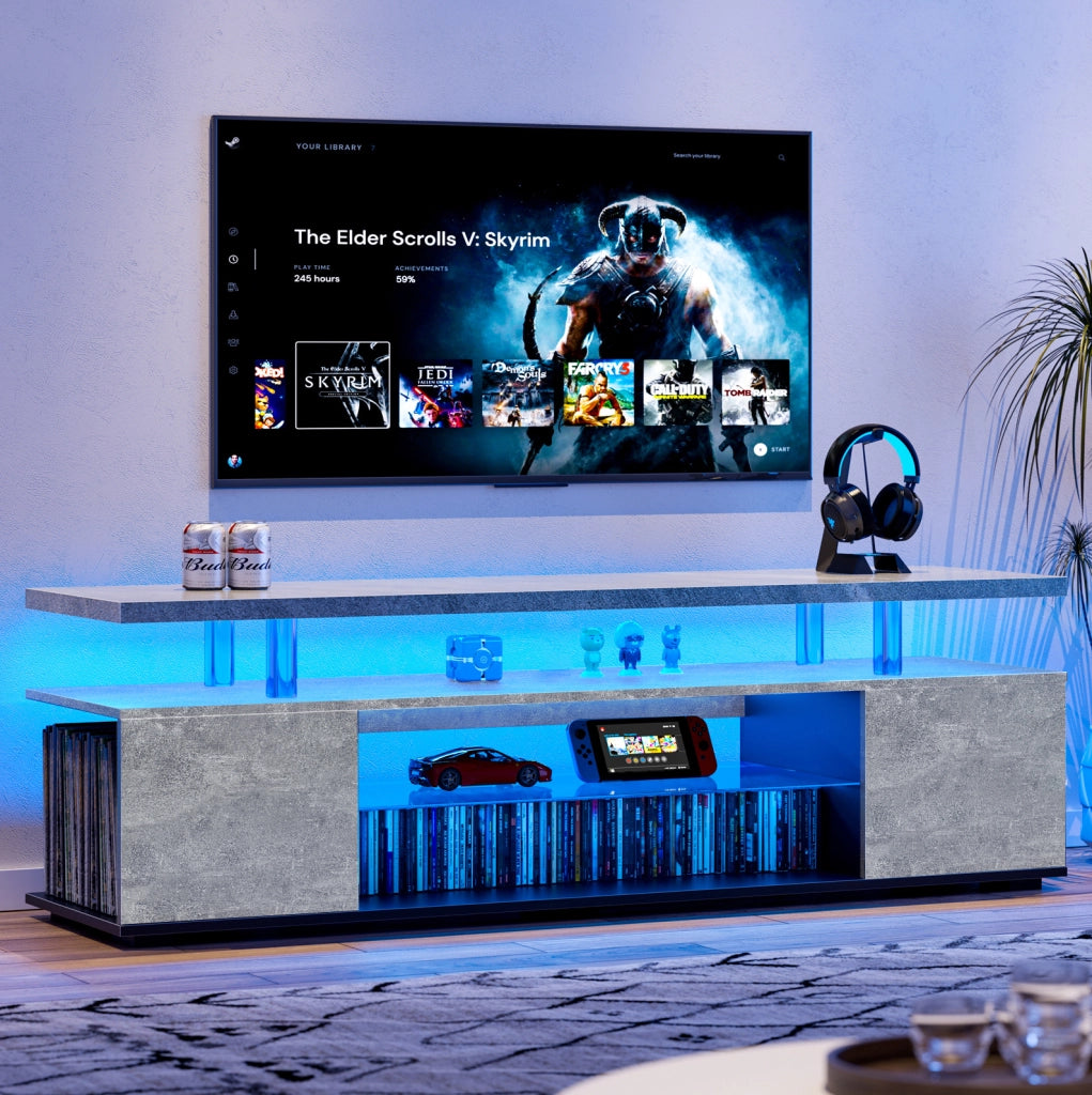 Mobile TV 130x40x48 cm in MDF grigio e nero con LED e vano contenitore