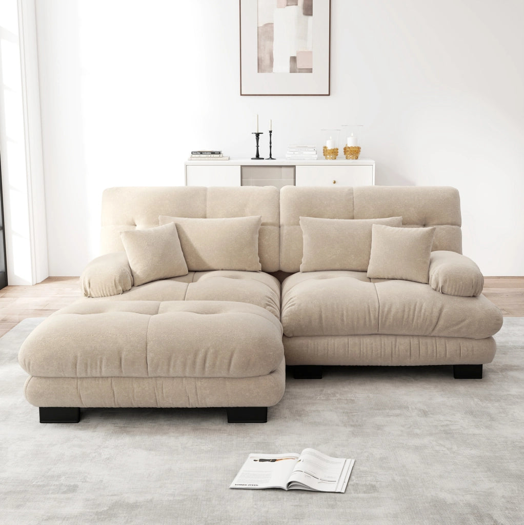 Divano modulare in chenille con ottoman mobili; caffè chiaro