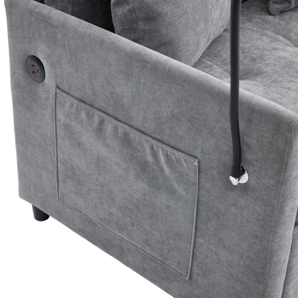 Poltrona imbottita grigia con porta USB e supporto per tablet rivestita in poliestere 83;5 × 109 × 72 cm