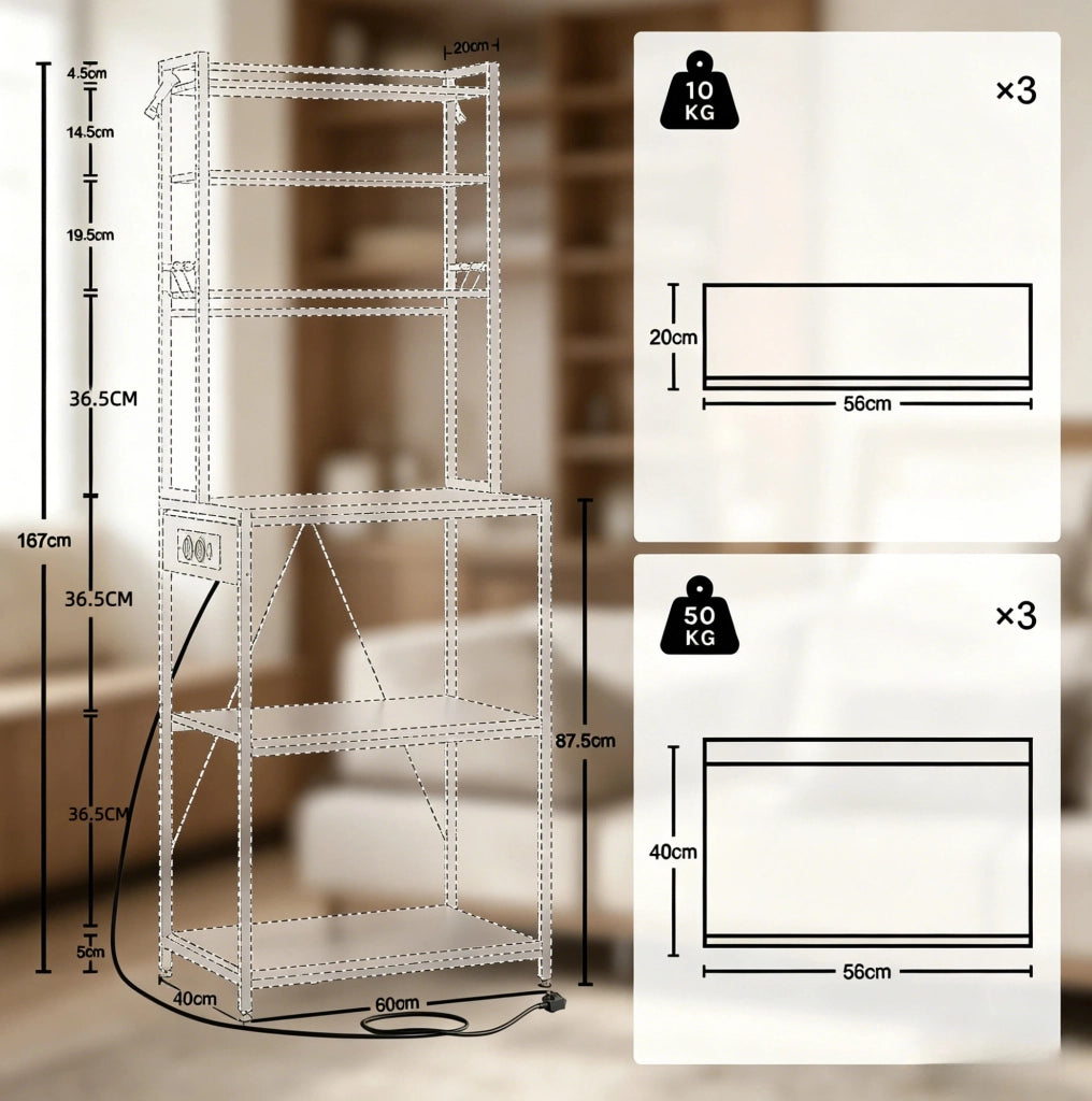 Scaffale cucina con prese elettriche e 6 ripiani