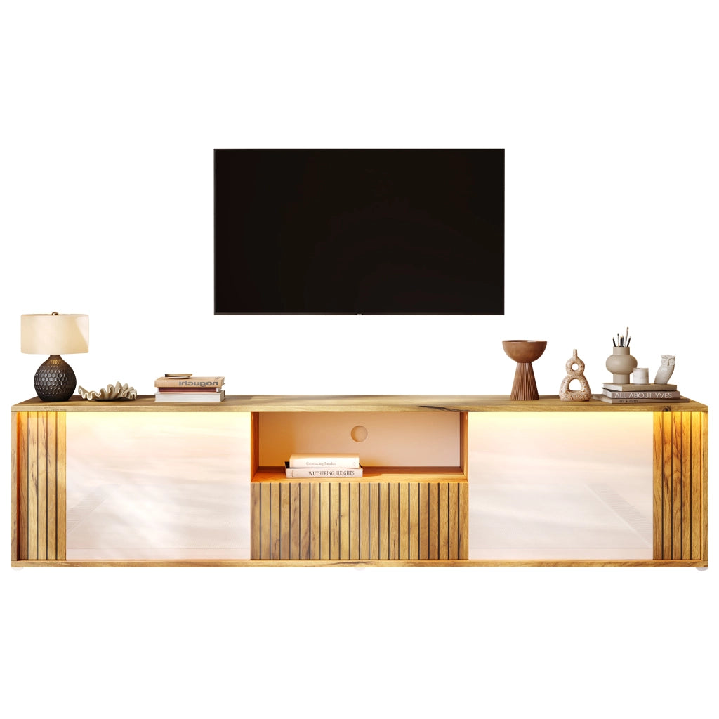 Mobile Porta TV 180 cm per 75 Pollici con Luci LED; Bianco e Legno; 1 Cassetto e 2 Ante