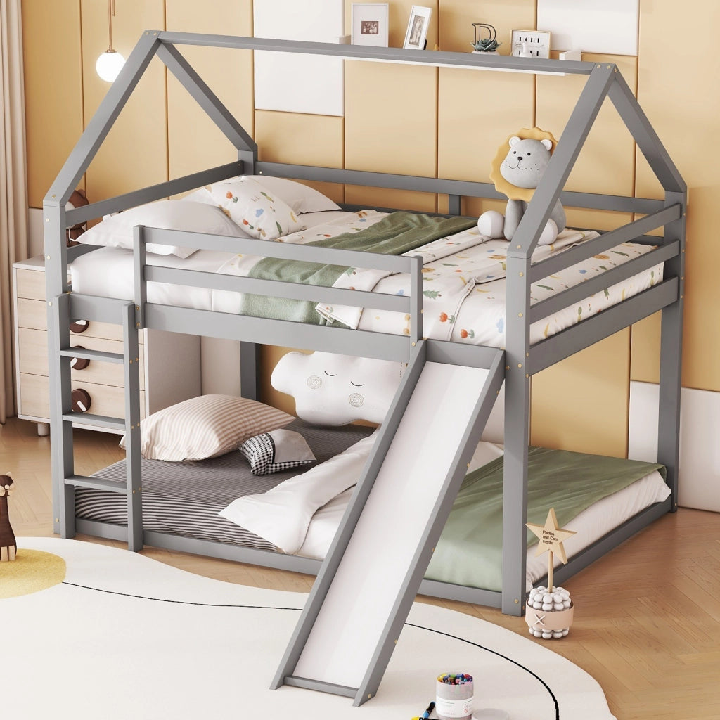 Letto a castello per bambini 140 × 200 cm 4 posti con scivolo e scala; senza materasso; in pino e MDF grigio