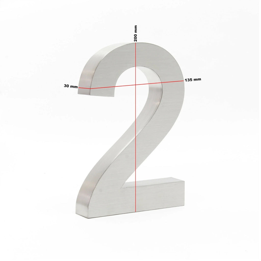 Targa con numero civico "2" in acciaio pregiato 20 cm Arial 3D materiale di montaggio 16_0001426
