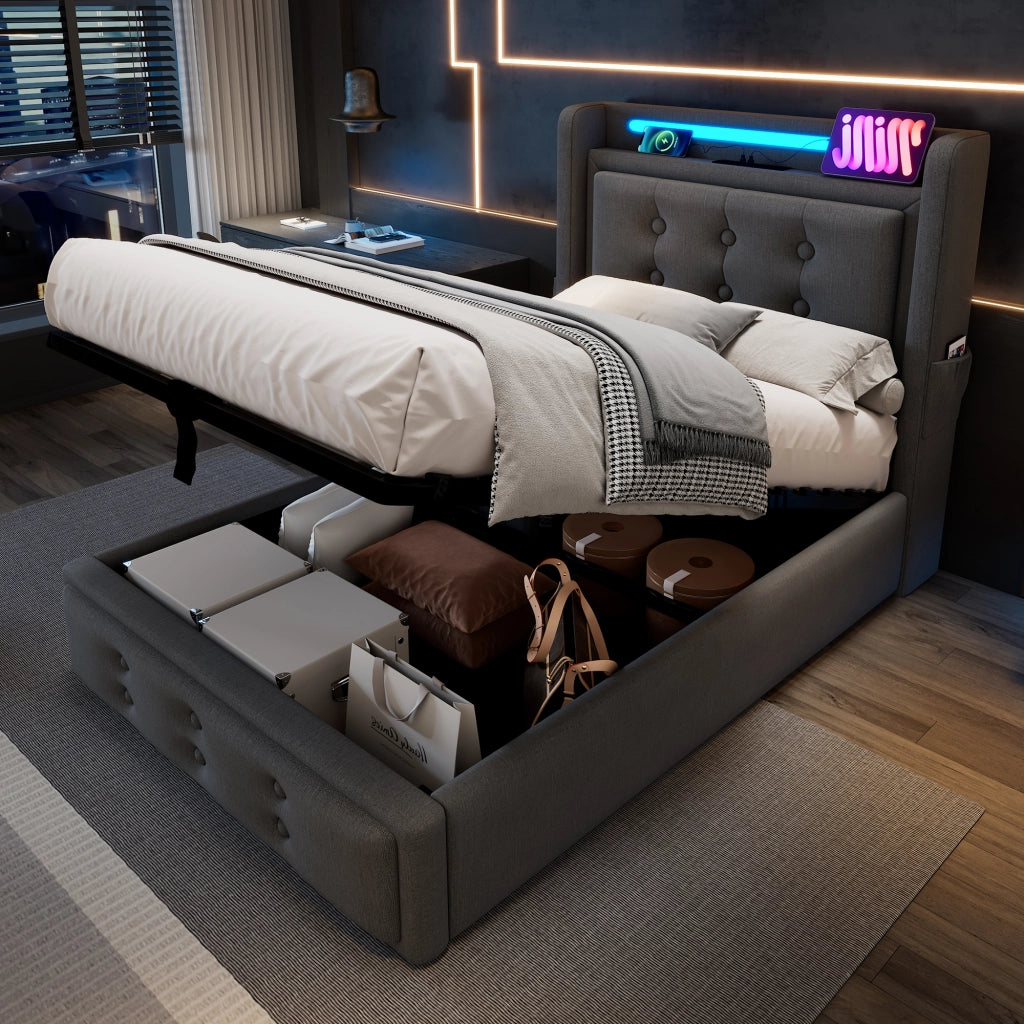 Letto singolo 90x200 cm con materasso; testiera LED; prese USB e contenitore; grigio