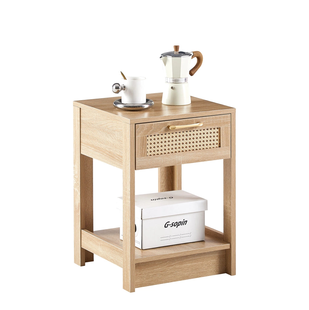Comodino in rattan con cassetto, tavolino moderno per camera e soggiorno, effetto legno naturale H55xL40xP40 cm