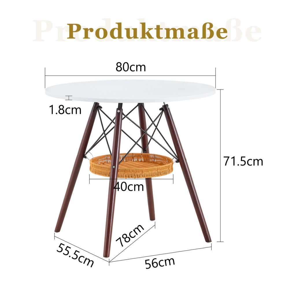 Tavolo da pranzo rotondo ULEVR ?80 cm con cestino sospeso, piano MDF bianco e gambe in legno massello noce