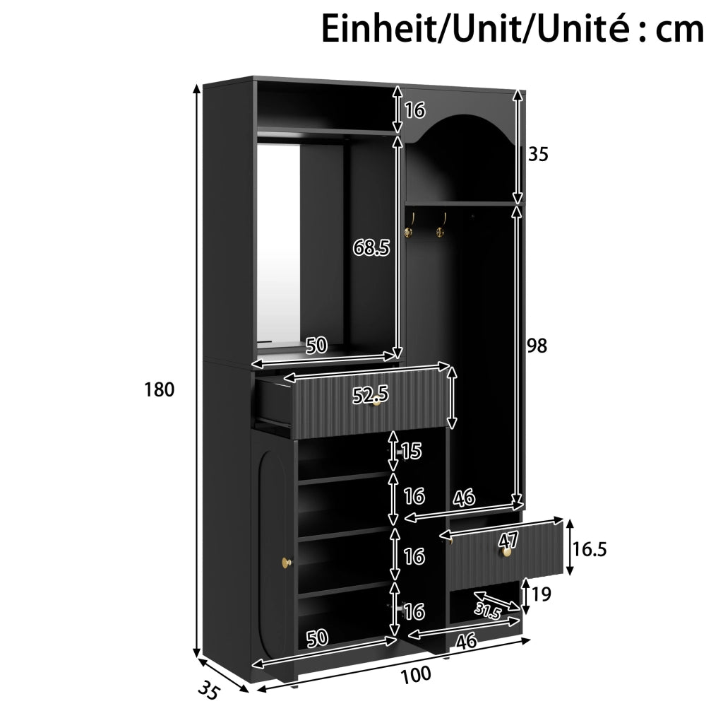 Guardaroba da ingresso nero con specchio, panca e LED