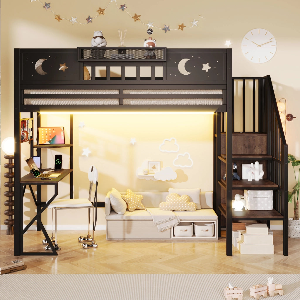 Letto a Soppalco 90x200 cm con Scrivania; LED; USB; Scala e Sponde; Nero