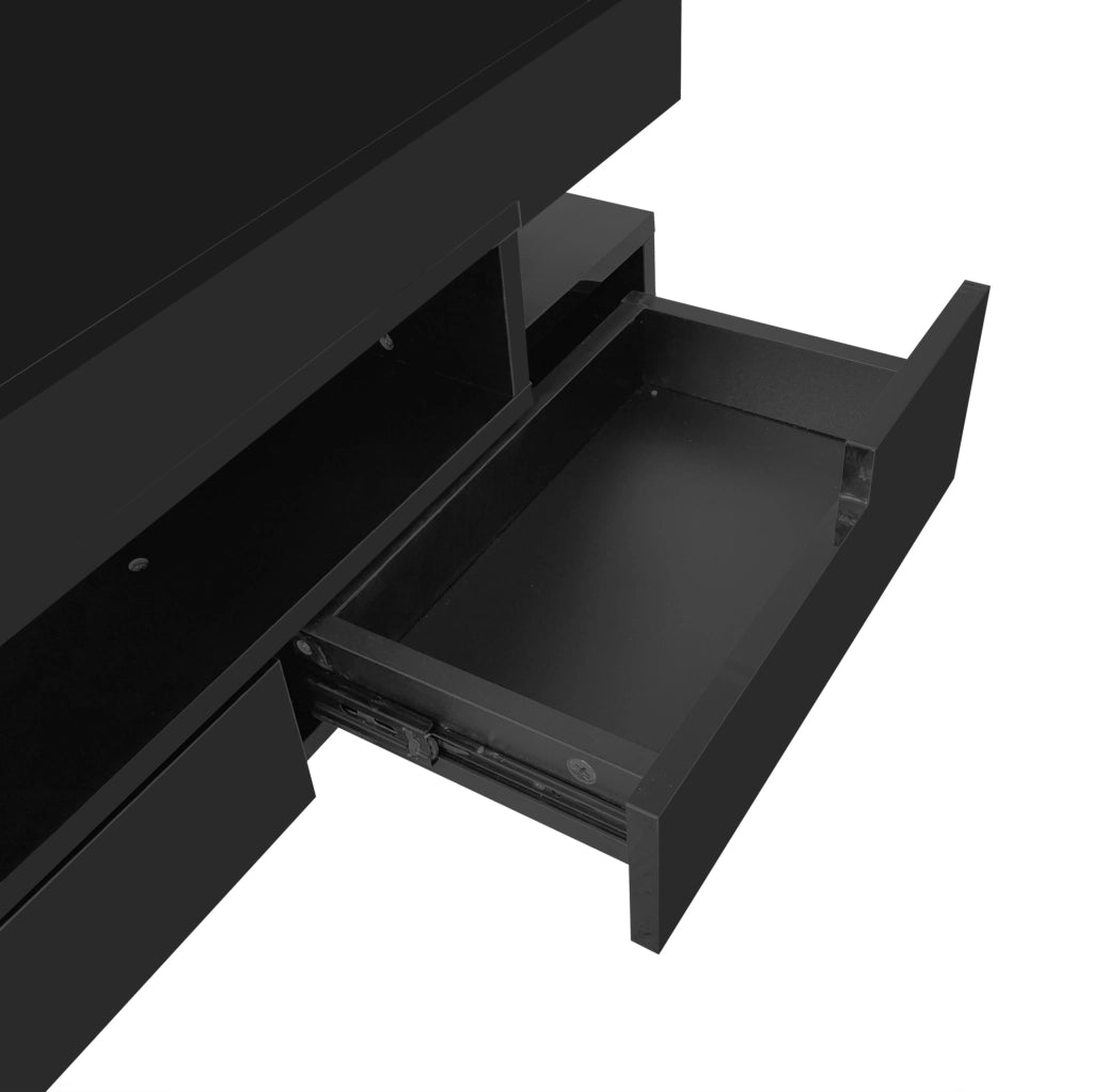 Tavolino da caffè lucido nero 80x50x36 cm con LED; 3 vani aperti e 4 cassetti