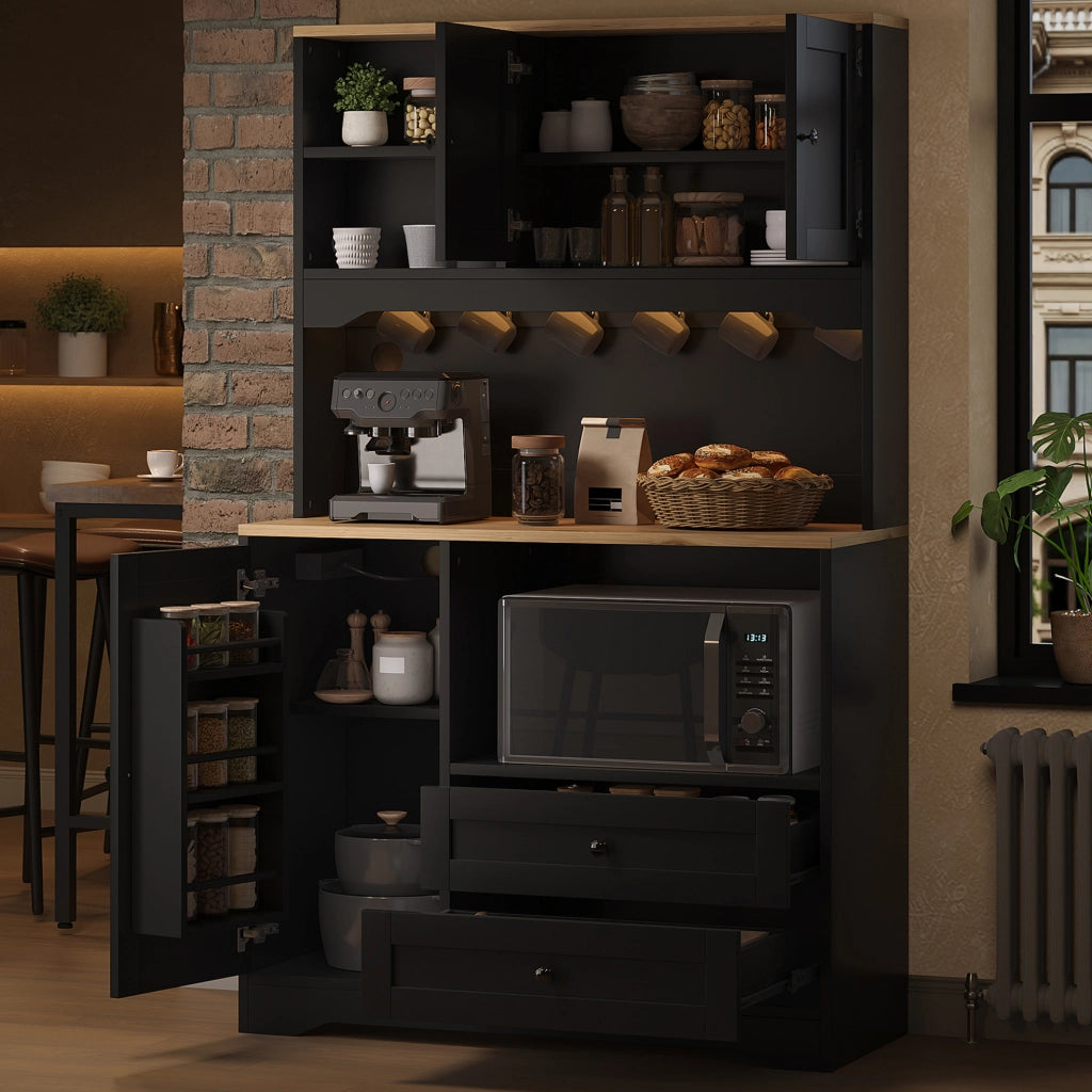 Mobile dispensa cucina 100x40x163 cm con vano microonde; LED e prese USB nero HOMVRA