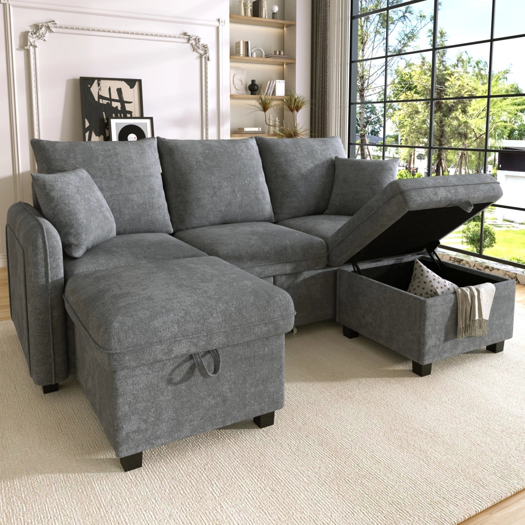 Divano angolare convertibile 3 Posti modulare con contenitore, 2 Pouf, 2 Cuscini, in Ciniglia Grigio Scuro
