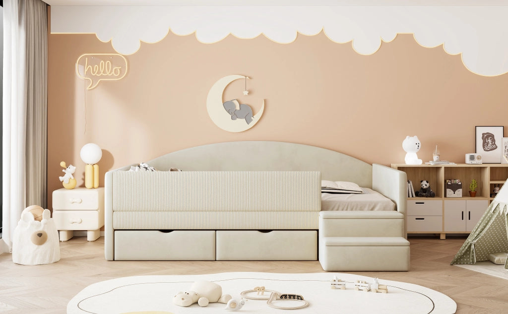 Letto per bambini imbottito 90 × 190 cm in velluto beige con due cassetti sponde gradini antiscivolo e rete a doghe