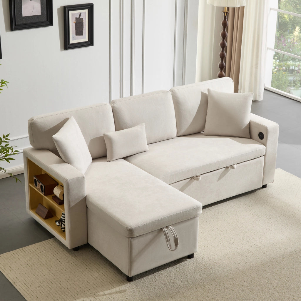 DIVANO LETTO Angolare 214x131x87 cm Beige Flanella con 3 cuscini