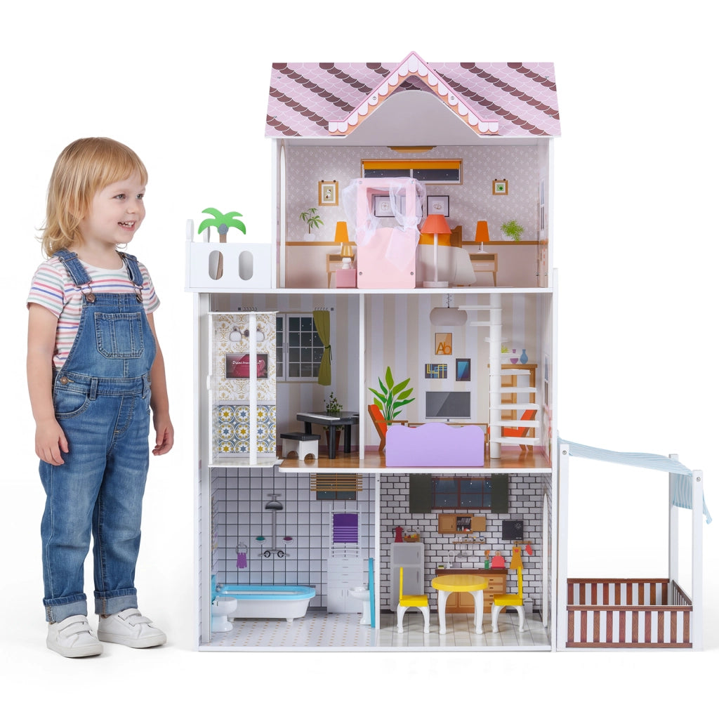 Casa bambole legno 3 piani fai-da-te 16 accessori arredamento aperta, Casa bambole balcone giardino bambini bambine 3+ anni