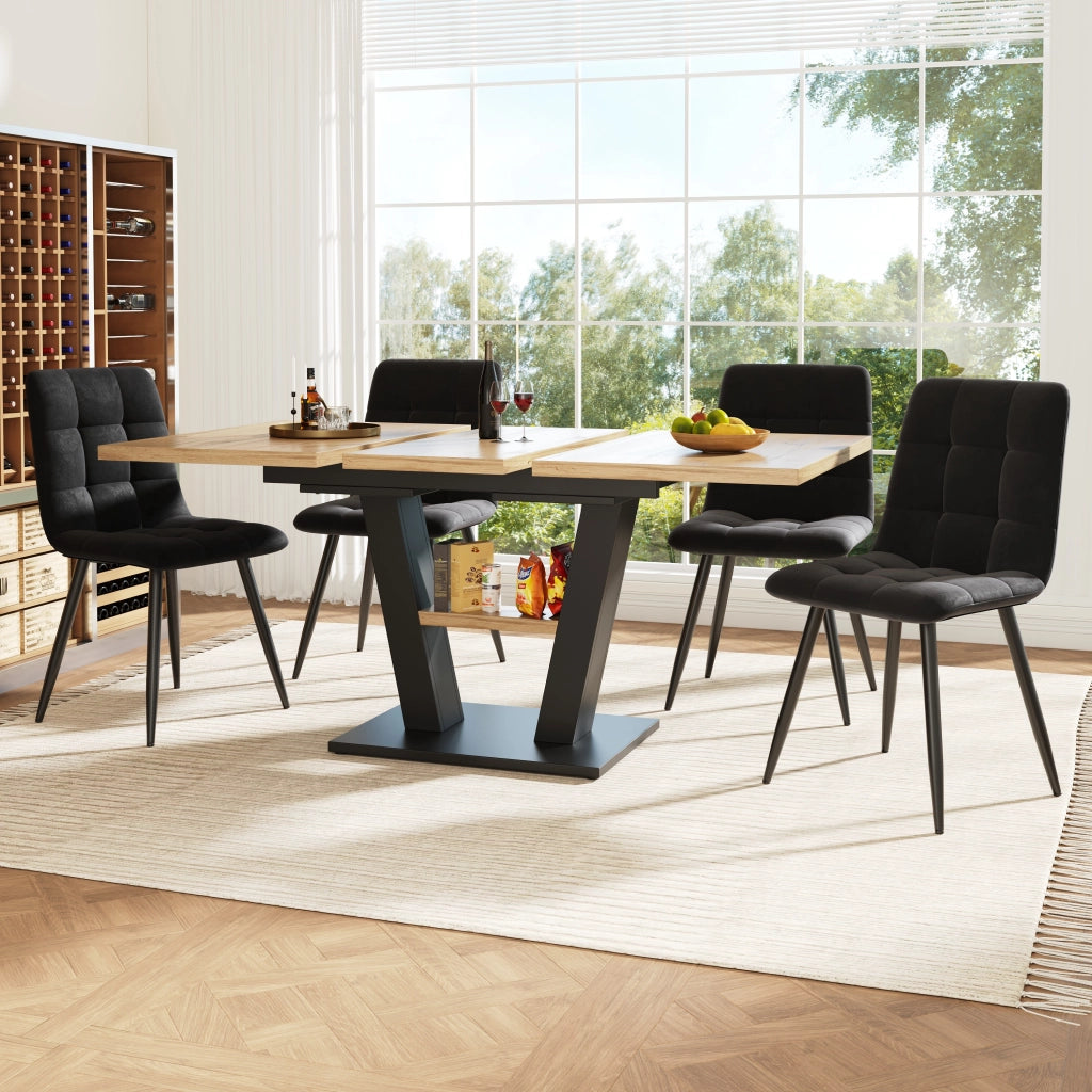 Set tavolo cucina e sedie con 1 tavolo allungabile e 4 sedie in MDF; metallo e velluto nero e naturale