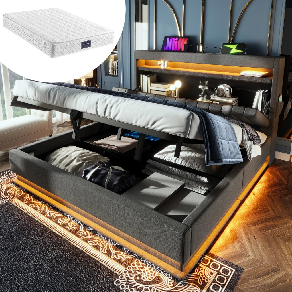 Letto matrimoniale 140 × 200 cm contenitore con materasso lino grigio LED USB e Type-C