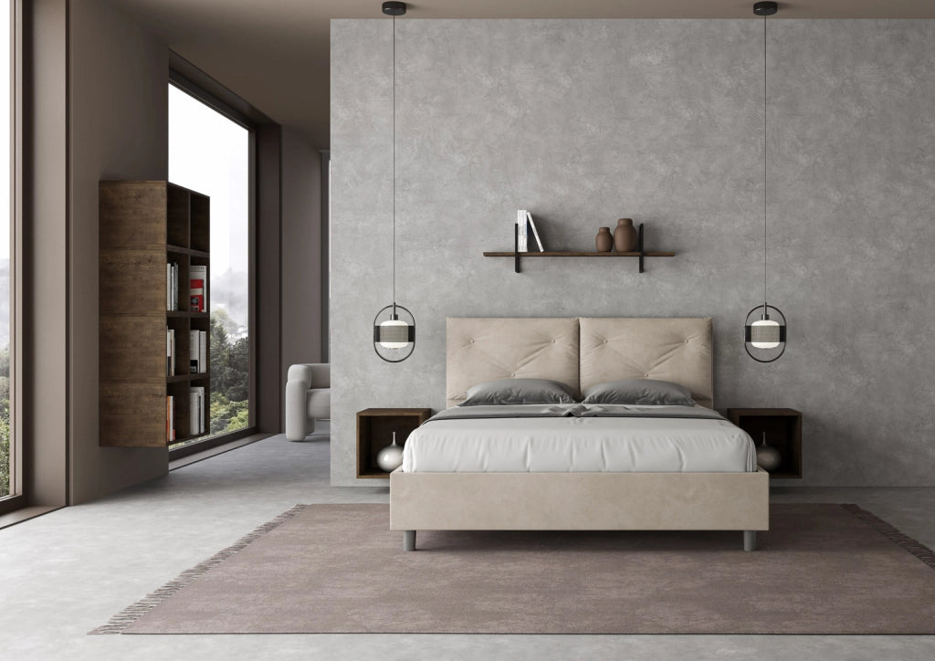 BS COM Letto matrimoniale con rete imbottito 160x200 microfibra sabbia
