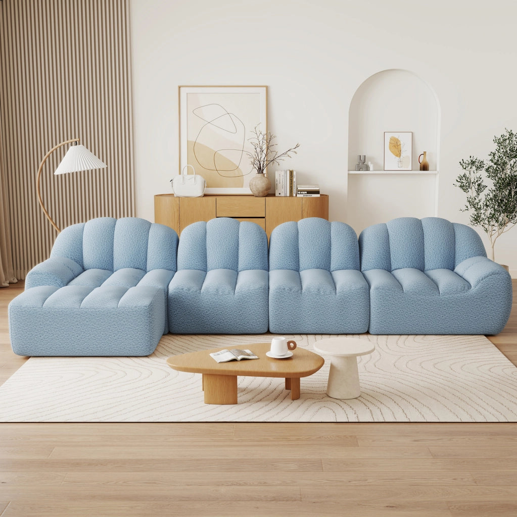 Divano modulare 366x165x79 cm in tessuto blu con pouf, 4 posti