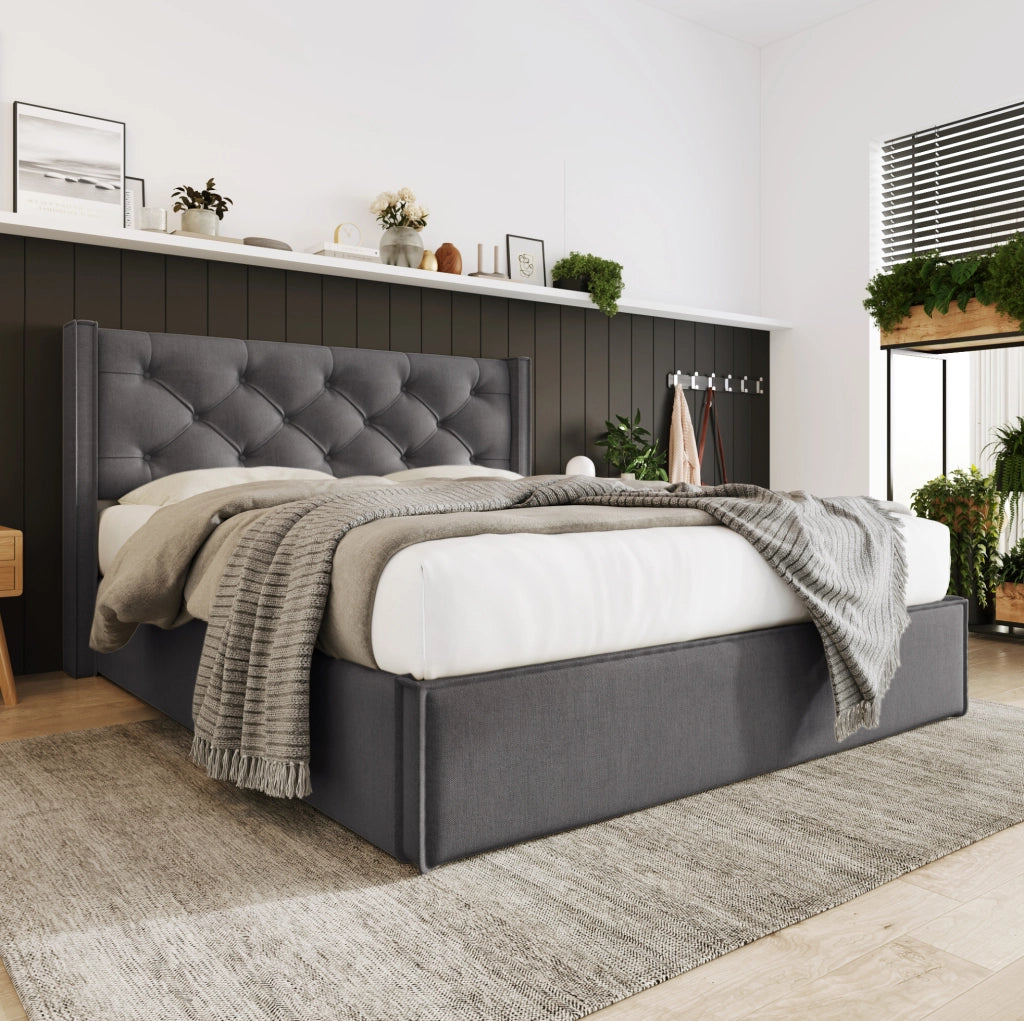 Letto imbottito 160x200 cm grigio con contenitore e rete sollevabile
