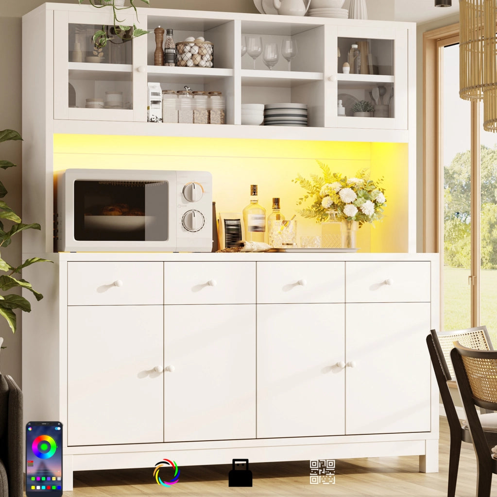 Buffet alto 140x38,5x180 cm con LED RGB controllate via app, ante in vetro, 4 cassetti e ripiani regolabili, effetto legno naturale