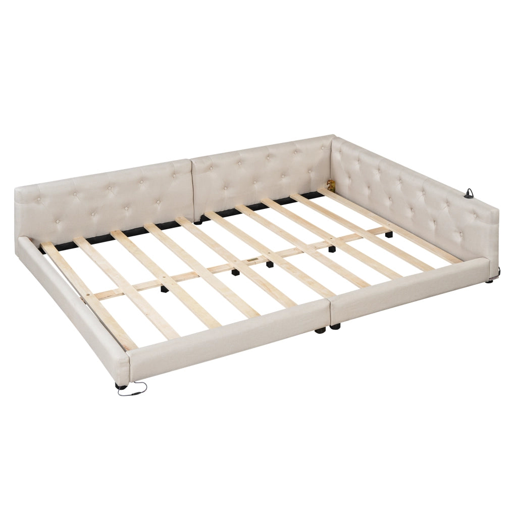 Divano letto 140x200 cm in lino con LED; USB e Type-C; beige