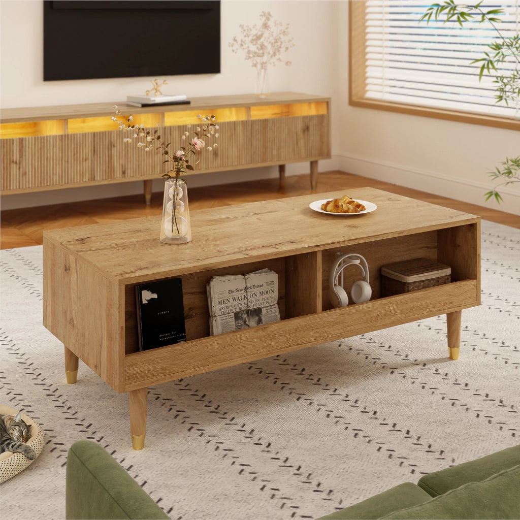 Tavolino da salotto con 2 cassetti e LED colorati, finitura ondulata, per soggiorno, in MDF legno, 110 × 50 × 40 cm