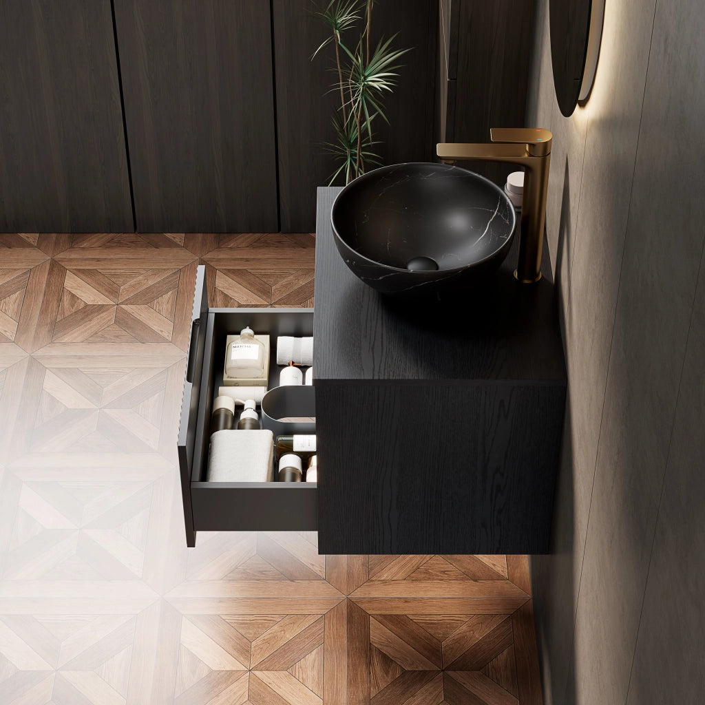 Mobile bagno sospeso con lavabo in ceramica e cassetto con frontale in legno illuminazione LED con sensore colore nero