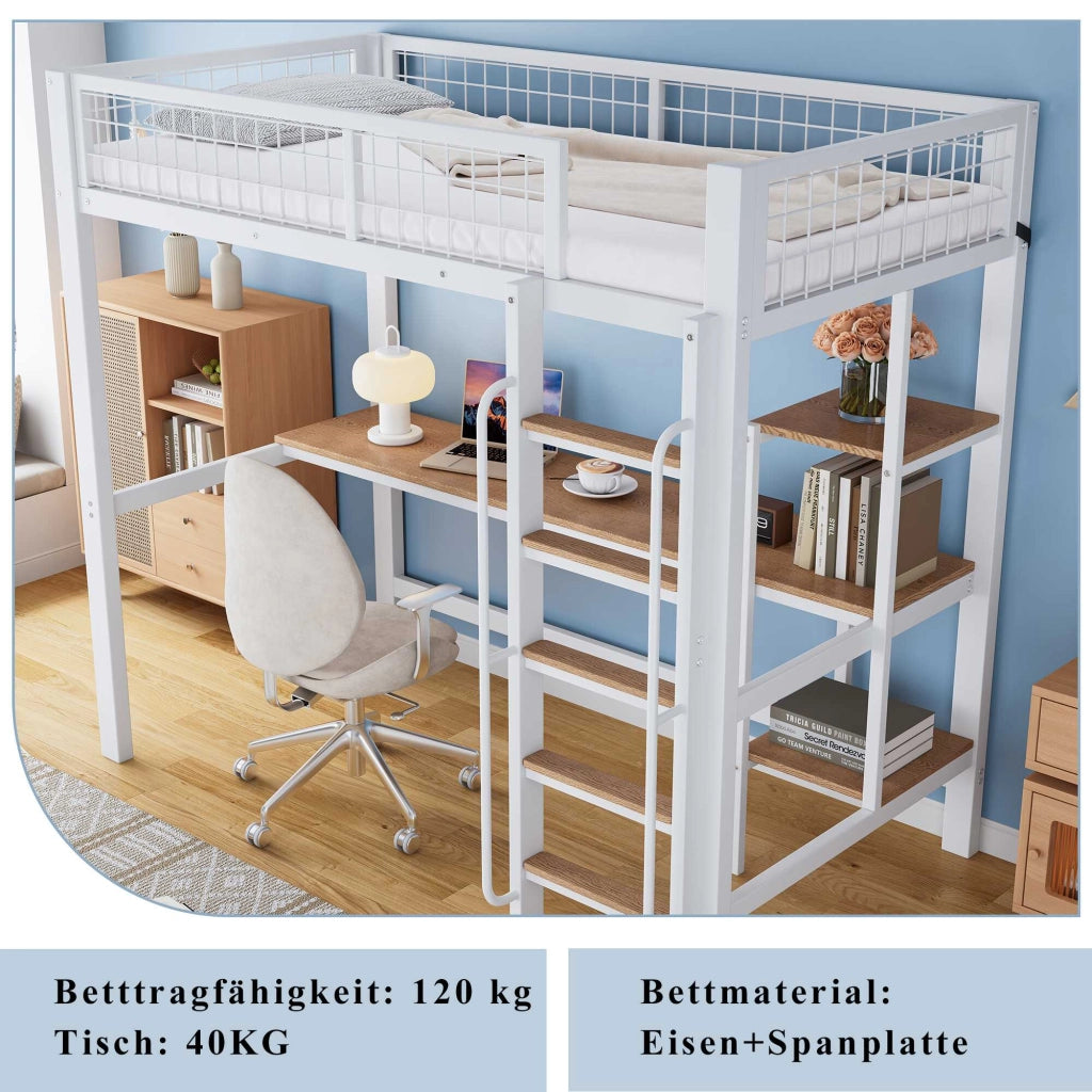 Letto a soppalco 90x200 cm bianco e naturale; metallo e MDF; scrivania; ripiani e scala a 5 gradini