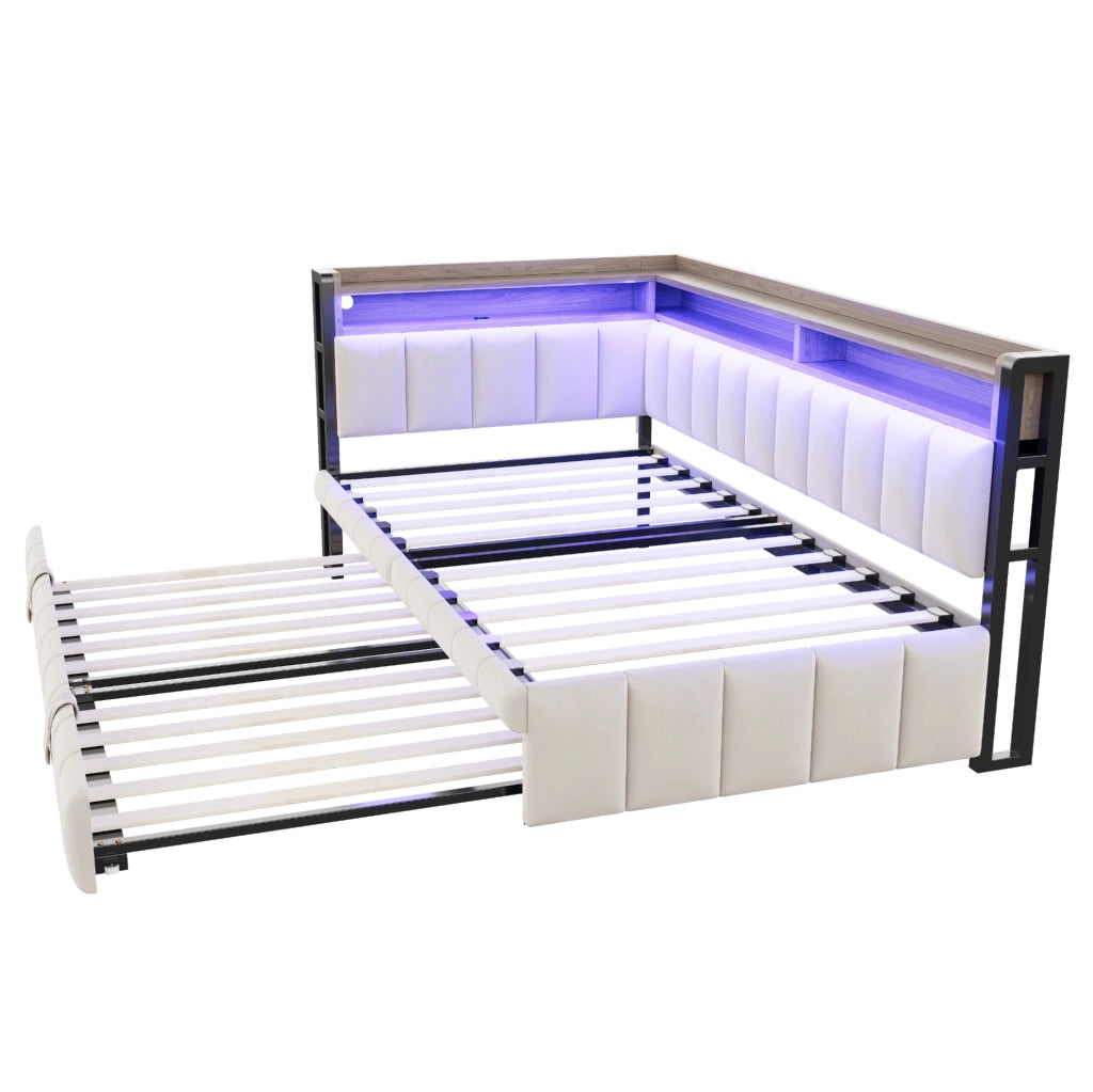 Divano letto ULEVR 90x200 cm estraibile con LED, USB e Type-C, vani portaoggetti, velluto beige