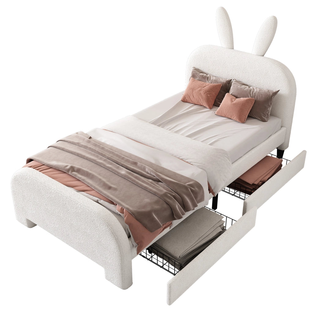 Letto basso imbottito 90 x 200 cm in lana di pecora resistente, a forma di coniglietto, due cassetti - Bianco