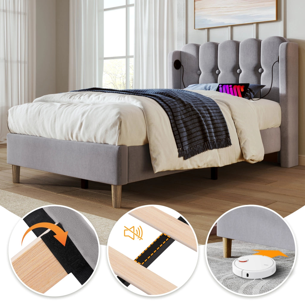 Letto Singolo Imbottito 90x200 cm con USB; USB-C; Grigio