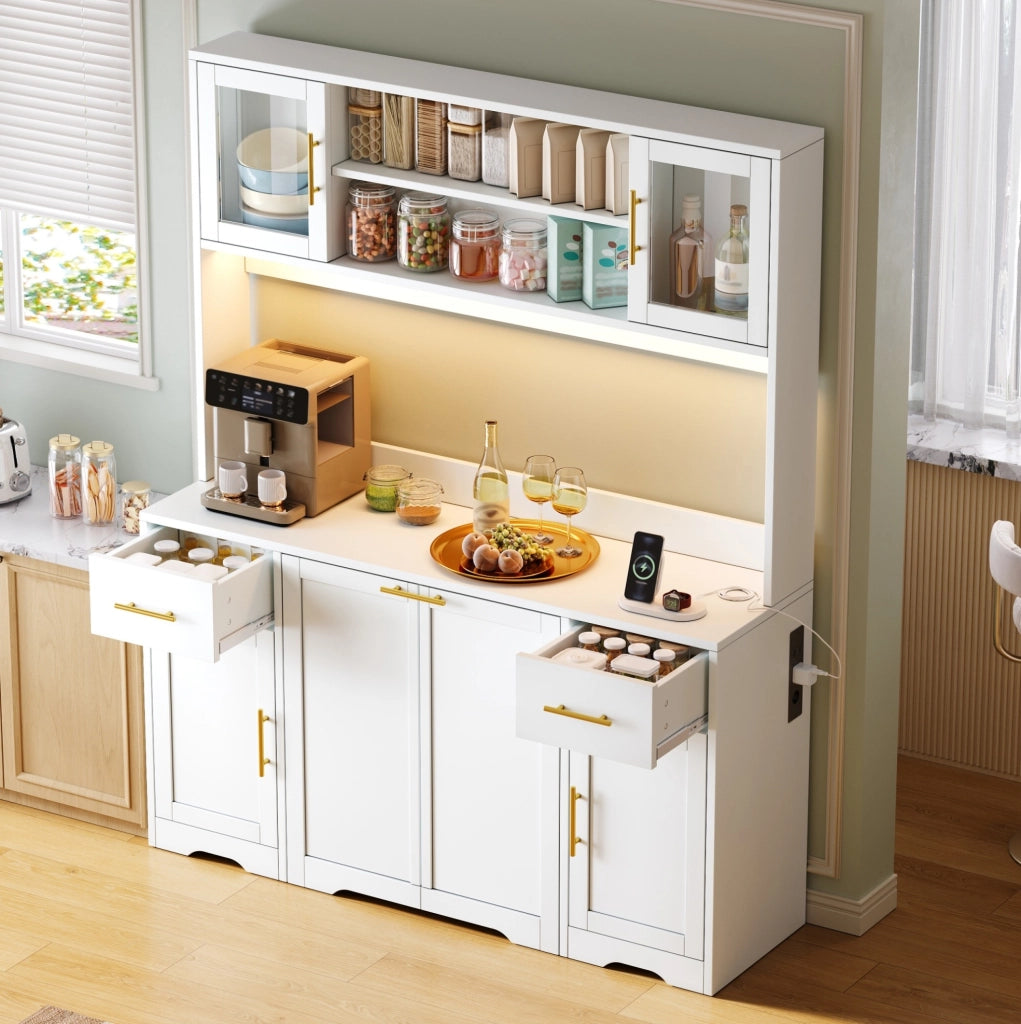 Credenza cucina multifunzionale 140x40x173 cm in MDF bianco con LED RGB e prese