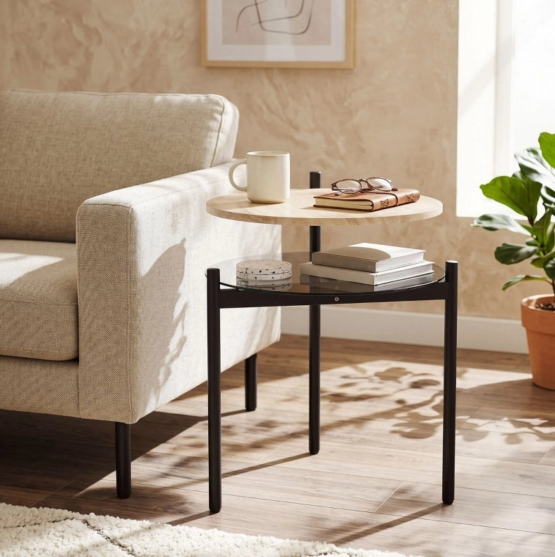 Tavolino laterale compatto 41;8x39;8x53;5 cm con ripiano in vetro color rovere HOMVRA