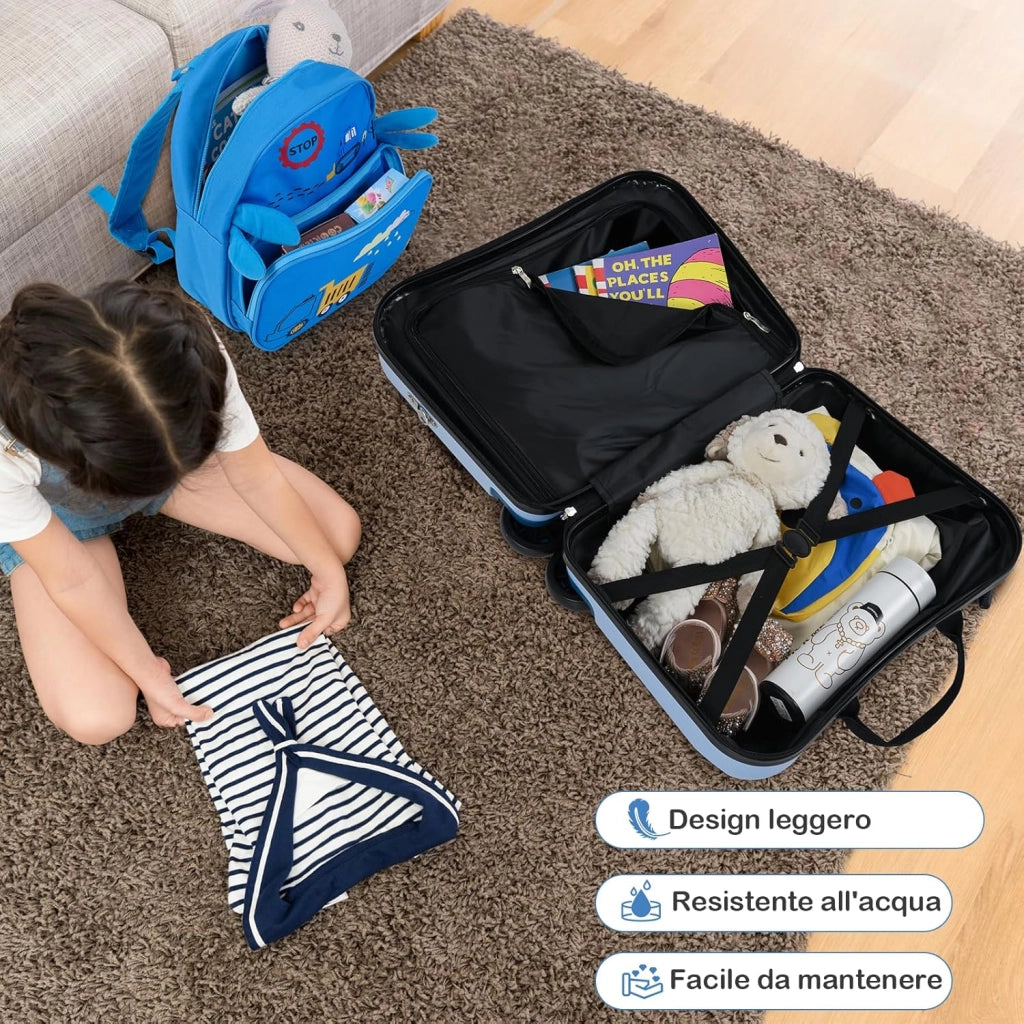 Valigia Cavalcabile per Bambini, 18" Valigia+ 12" Zaino,2 Pezzi, Trolley Bambini Bagaglio a Mano con Ruote Girevoli e Maniglia Retrattile, 2 Cingie Multiuso (Modello 9)