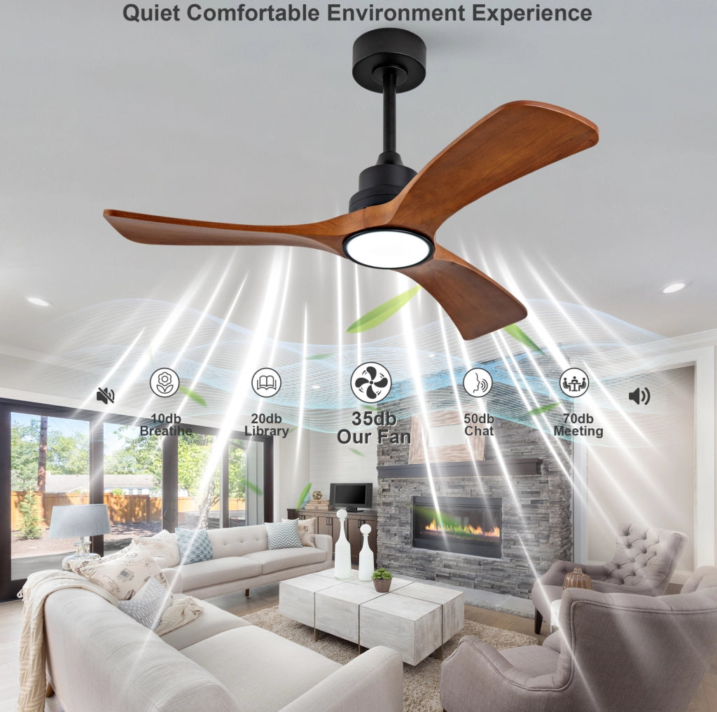 Ventilatore da soffitto 42" con 3 pale in legno massello, illuminazione LED dimmerabile, motore DC reversibile 6 velocità e telecomando