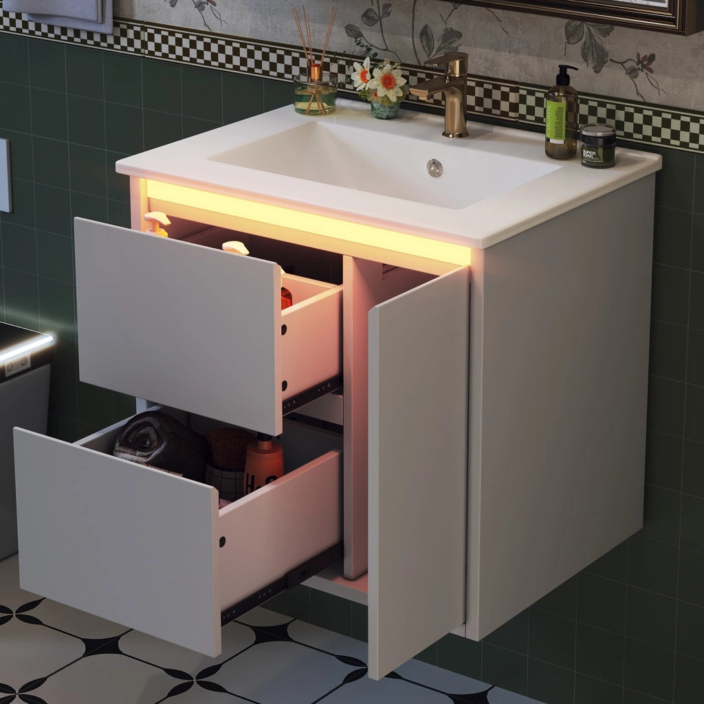 Mobiletto con lavabo sospeso con due cassetti e LED a sensore in MDF e ceramica bianco 61 × 46.5 × 57 cm