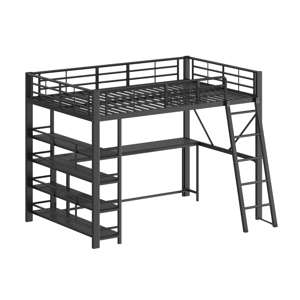 Letto soppalcato 140x200 in metallo nero con scrivania， LED e USB， senza materasso