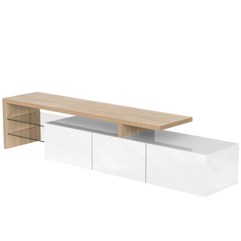 Mobile TV LED con 3 vani chiusi e ripiani in vetro, luce a 7 colori, da soggiorno, MDF bianco naturale, 197.5 × 39 × 42 cm