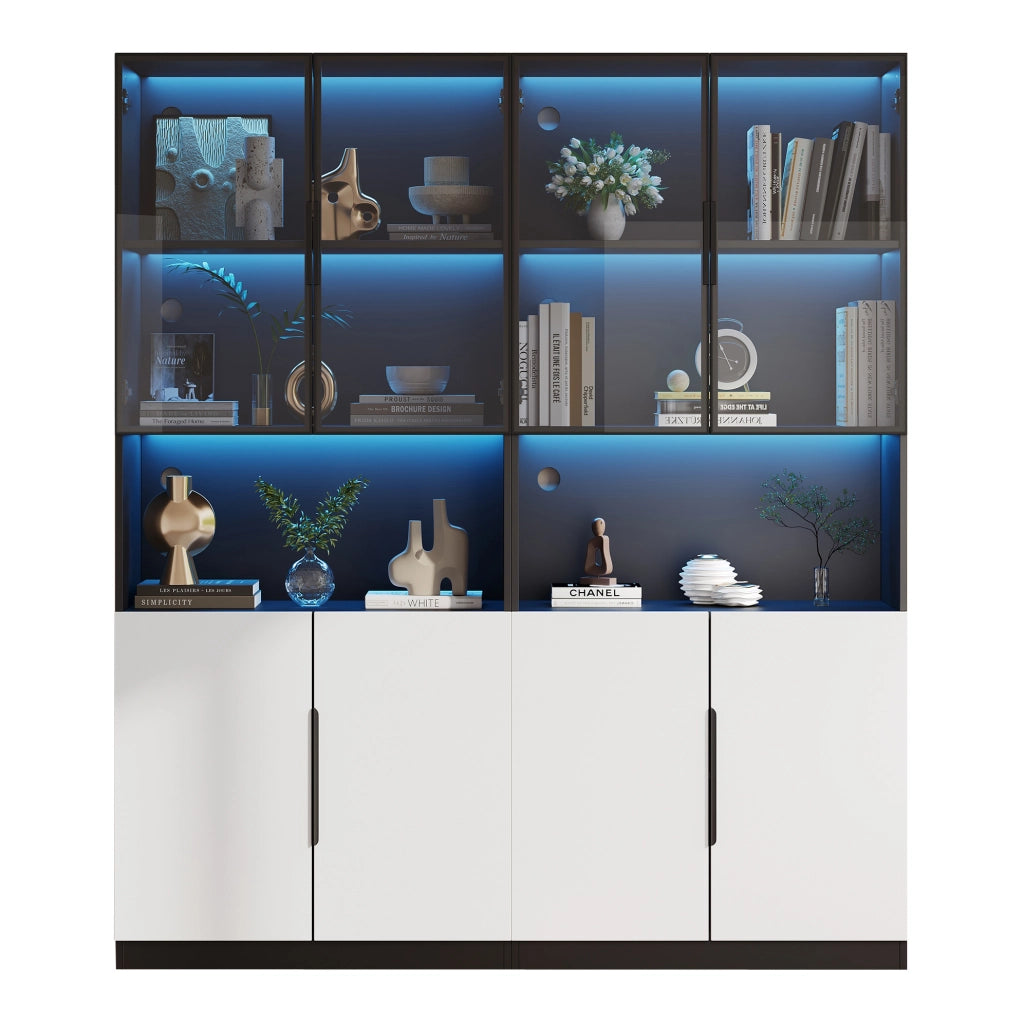 Vetrina alta in legno 80x30x200 cm bianca e nera con LED e contenitore