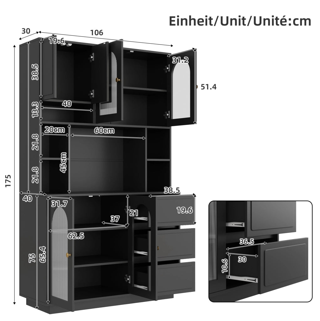 Credenza alta nera con LED app, ante acriliche e 3 cassetti