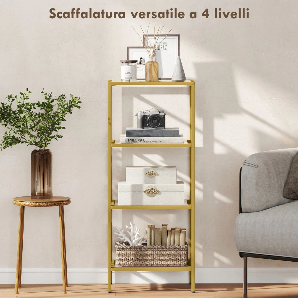 Scaffale a 4 Livelli in Metallo e Vetro Temperato, Mobiletto Salvaspazio per Casa, Design Moderno, Robusto, Color Oro, 40x30x96.5 cm