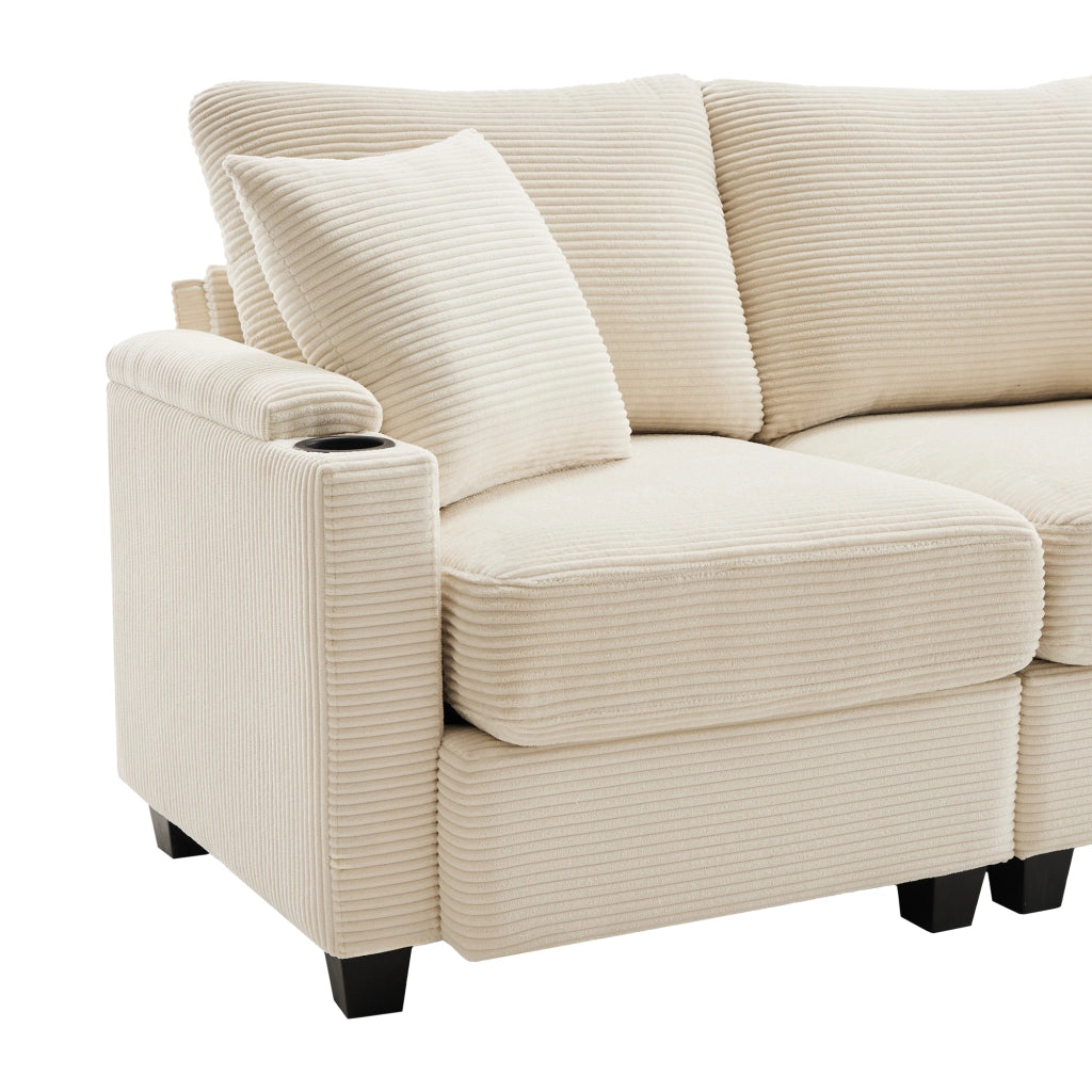 Divano angolare 3-4 posti con pouf mobile, USB e ripiani braccioli in velluto a coste beige
